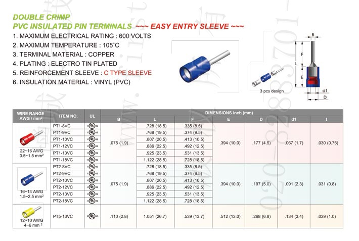 Pvc Insulated Pin Terminals (Double Crimp) Type-C