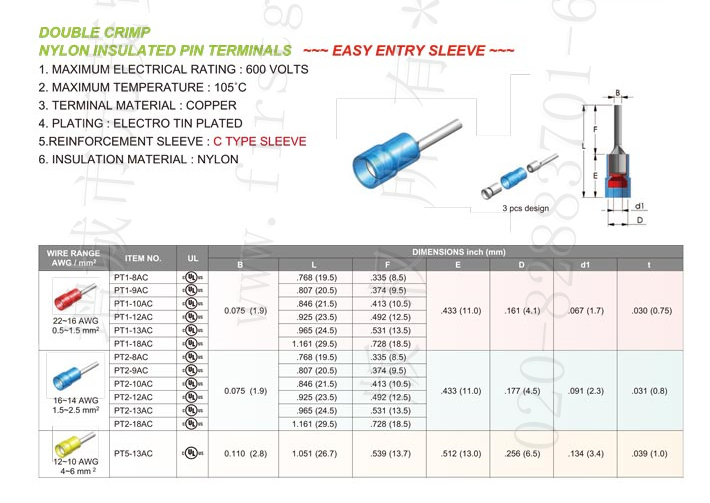 Nylon Insulated Pin Terminals (Double Crimp) Type-C