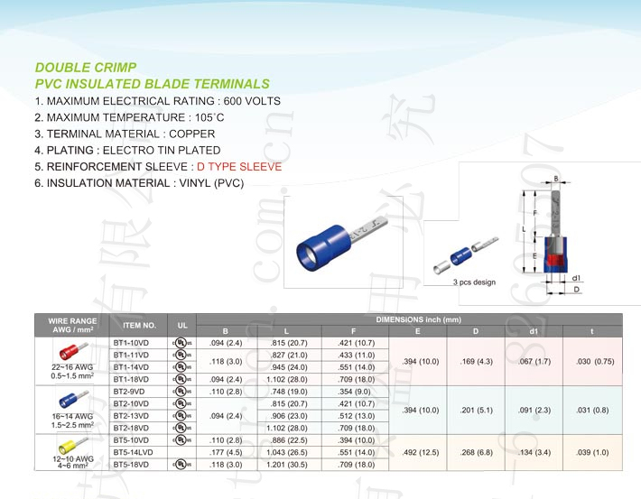 Pvc Insulated Blade Terminals (Double Crimp) Type-D