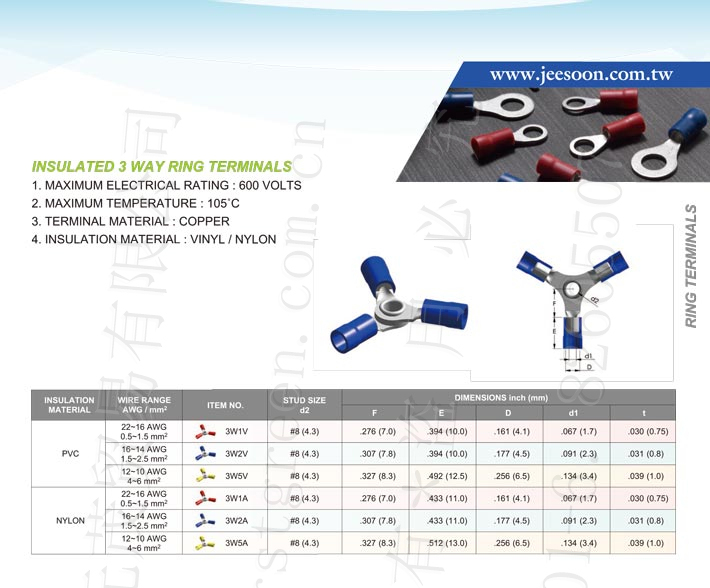 Insulated 3 Way Ring Terminals (Pvc & Nylon)