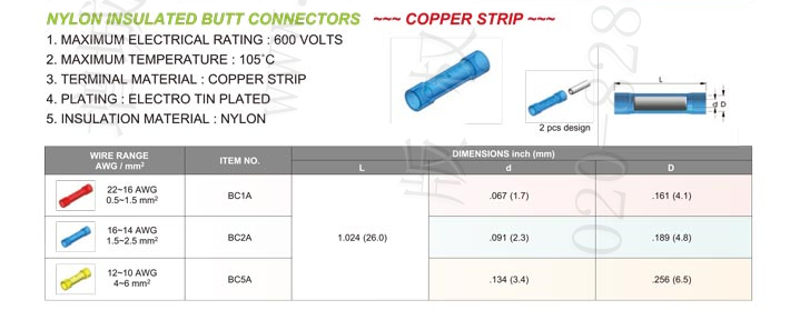 Nylon Insulated Butt Connectors (Copper Strip)