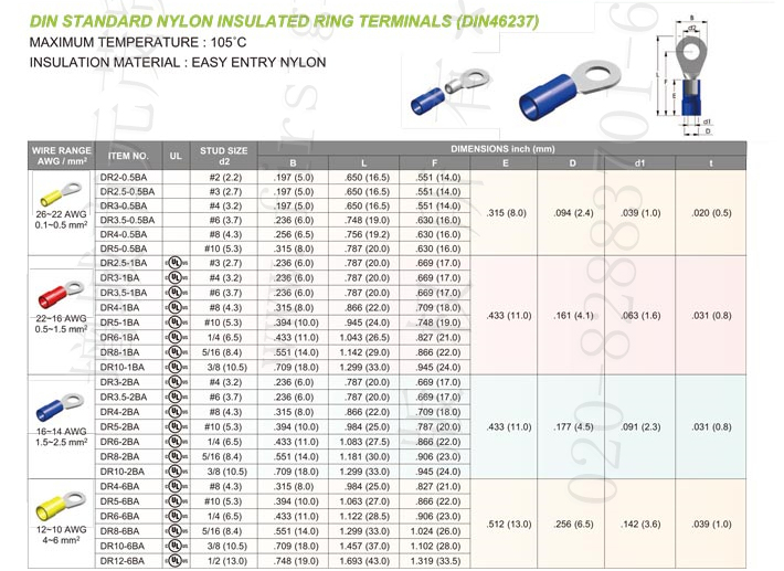 0.1mm²~6mm² Din Standard Nylon Insulated Ring Terminals (Din-46237)