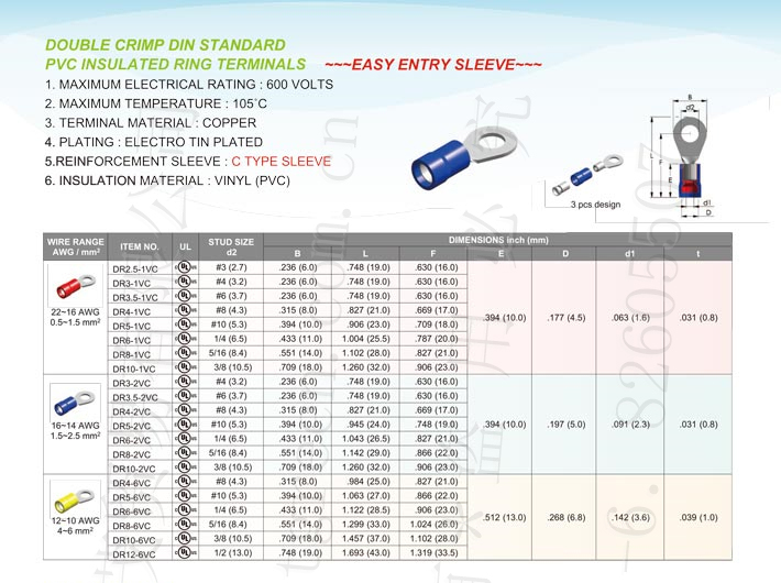 Din Standard Pvc Insulated Ring Terminals (Double Crimp) Type-C