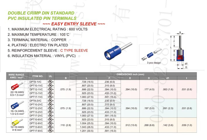 Din Standard Pvc Insulated Pin Terminals (Double Crimp) Type-C