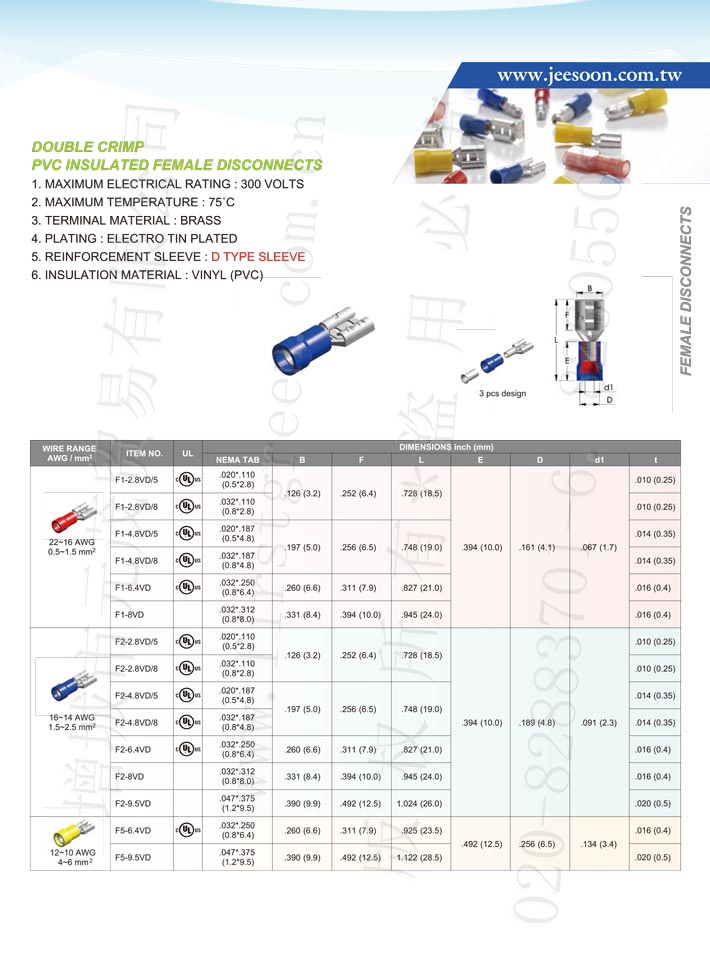 Pvc Insulated Female Disconnects (Double Crimp) Type-D