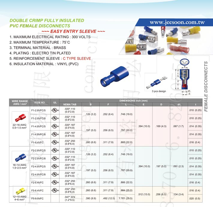 Fullly Insulated Pvc Female Disconnects (Double Crimp) Type-C