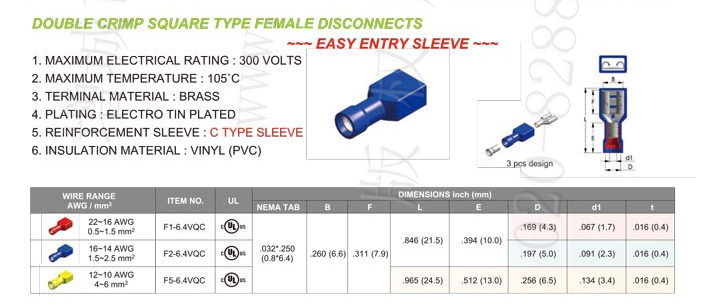 Square Pvc Fullly Insulated Female Disconnects (Double Crimp) Type-C