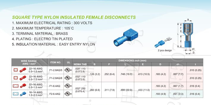 Square Type Nylon Fullly Insulated Female Disconnects