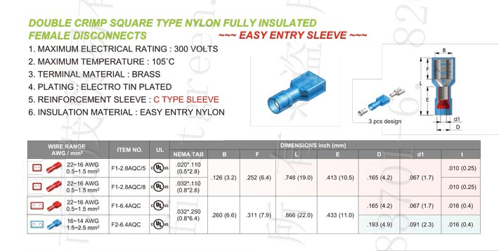 Square Type Nylon Fullly Insulated Female Disconnects (Double Crimp) Type-C