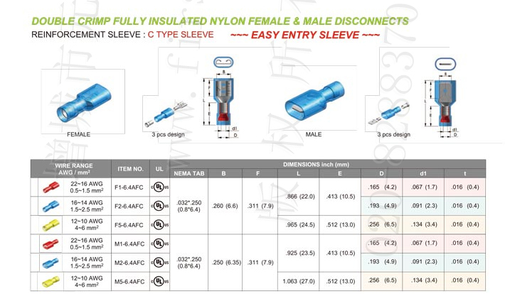 Fully Insulated Nylon Female & Male Disconnects (Double Crimp) Type-C