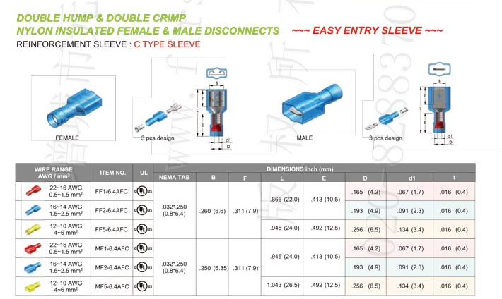 Nylon Fully Insulated Female & Male Disconnects (Double Crimp) Type-C