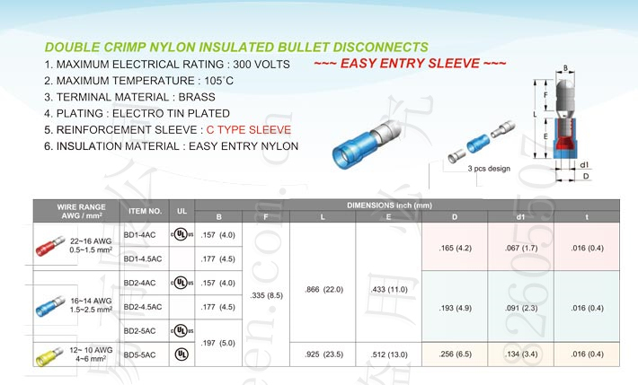 Nylon Insulated Bullet Disconnects (Double Crimp) Type-C