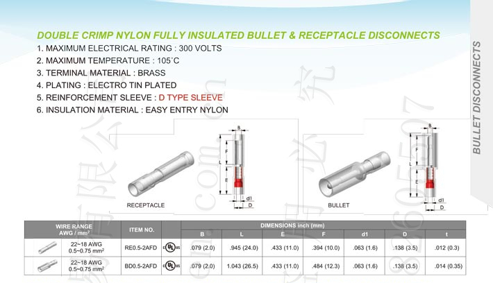 Nylon Fully Insulated Bullet & Receptacle Disconnects (Double Crimp) Type-D